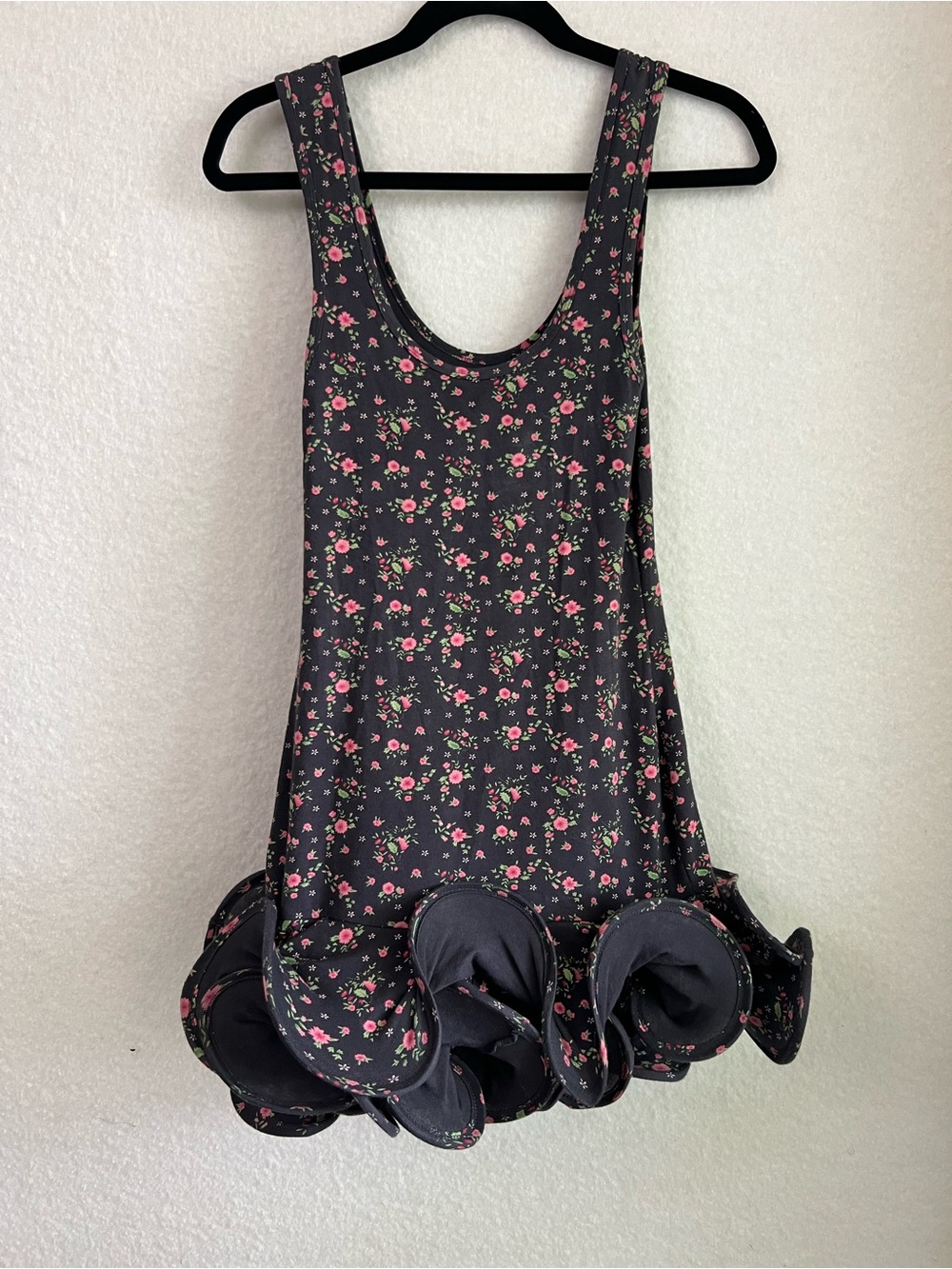 ASOS Black Floral ribbed mini dress with oversized ruffles.